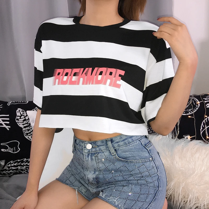 Rapcopter/футболка в полоску с буквенным принтом, Femme, корейский стиль, Футболка женская с круглым вырезом, модные короткие топы, футболки, лето