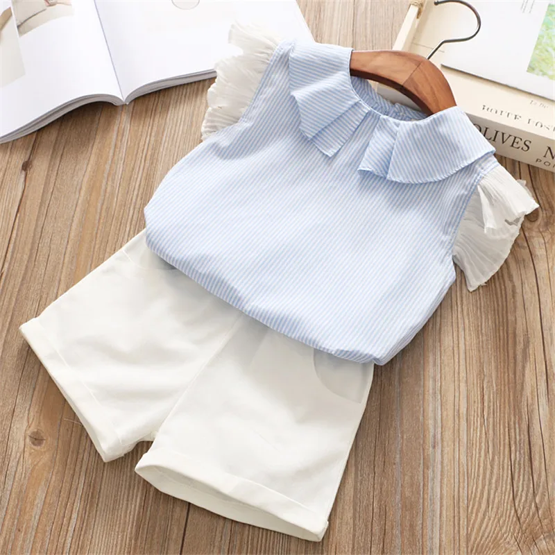 

Hurave 2pcs striped shirts+ Kids shorts suits summer Baby Girls Clothes Children turn-down collar short Sleeve causal sets