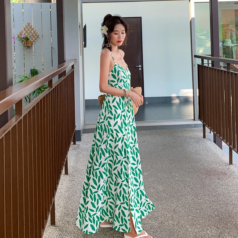 Summer Women Backless Straps Maxi Sundress Female Tropical Long Sea Beach Dress Elegant Vacation Vintage Boho Runway Dress New