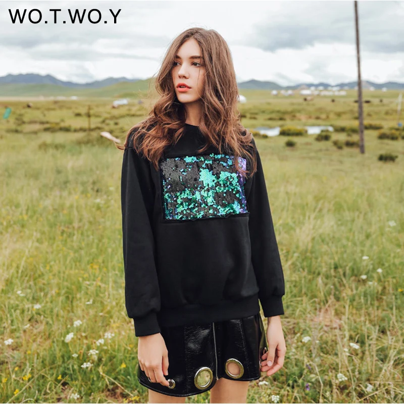 WOTWOY Reflected Sequins Casual Sweatshirt Women Cotton O-Neck Black Hoodies...