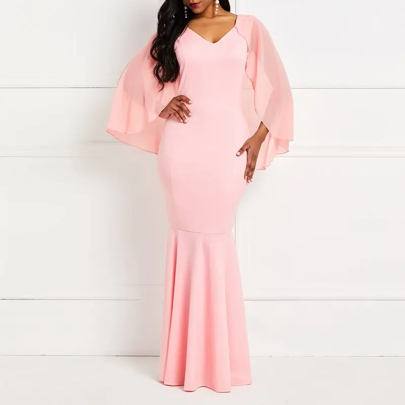 

Elegant Mermaid Party Long Dress Women Sexy V Neck Mesh Cloak Sleeve Vintage Plus Size Ladies Pink Bodycon Maxi Dresses Autumn