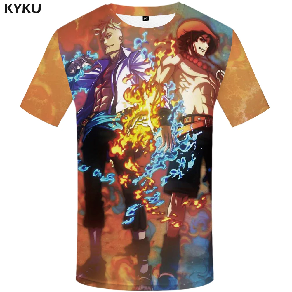 

KYKU One Piece T shirt Men Luffy Shirt Print Flame Tshirt Printed Yinyang Anime Clothes War Tshirts Casual Short Sleeve Summer