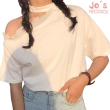 Женская однотонная шикарная футболка с дырками в стиле Харадзюку, Женская Повседневная со складками, с открытыми плечами, милые топы, Женская Милая футболка с круглым вырезом