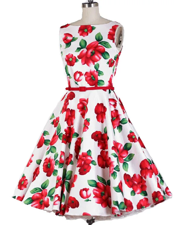 white dress with red flower print