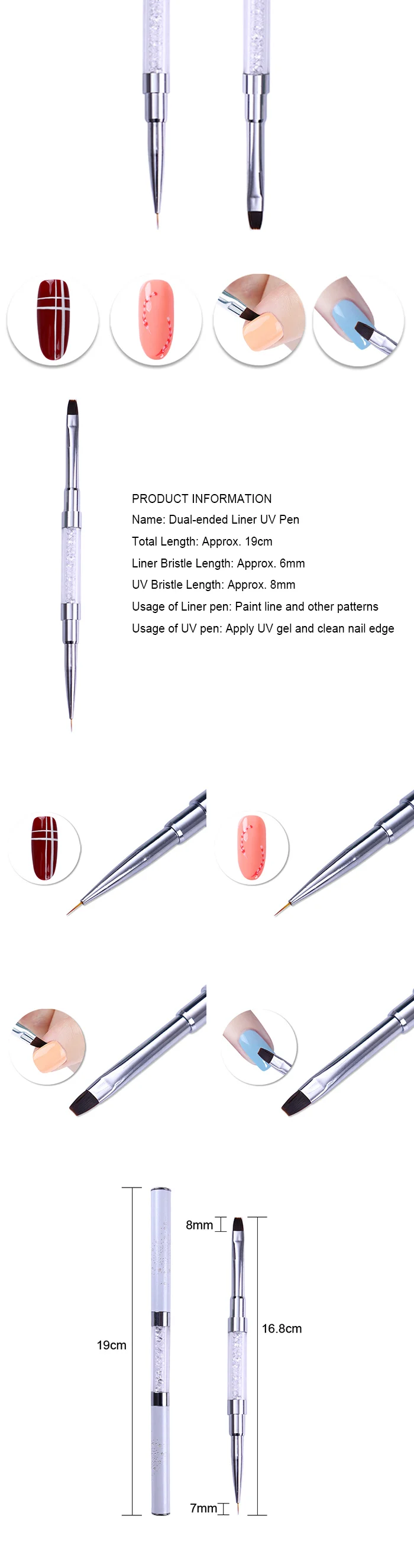 1 шт Двойная ручка-вкладыш, УФ-кисть для рисования, очиститель краев ногтей, прозрачные стразы, инструмент для дизайна ногтей