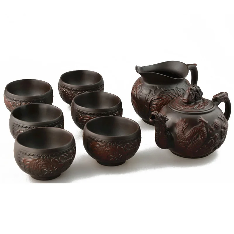 

Precious 8 Pcs Kung Fu Tea Set Teapot With Serving Cup + 6 Teacups Yixing 300ml Dragon Ceramic Handmade Porcelain Gift Packing