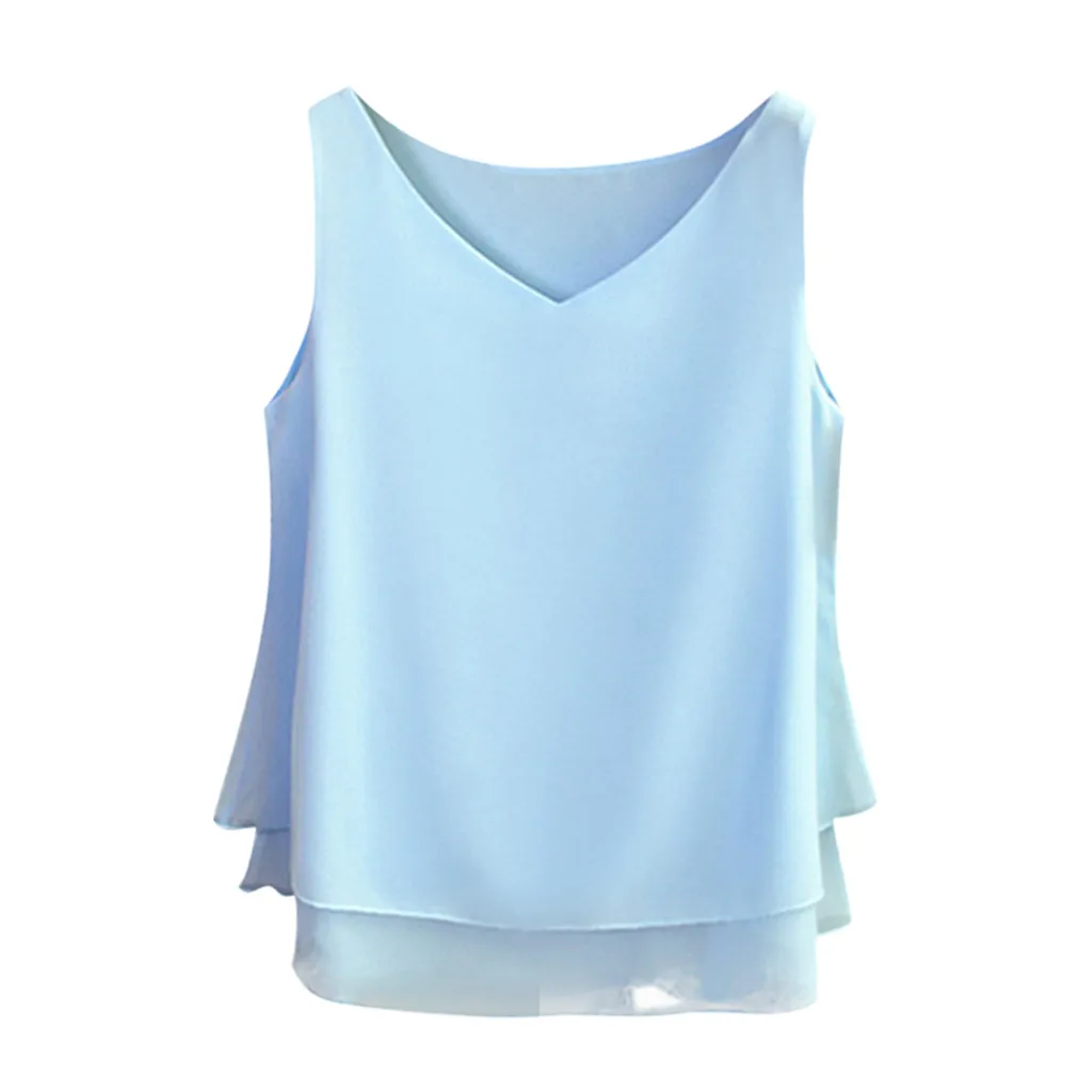 Женская Летняя короткая Корейская версия шифоновая рубашка без рукавов с v-образным вырезом, повседневный Топ ropa mujer - Цвет: Light Blue