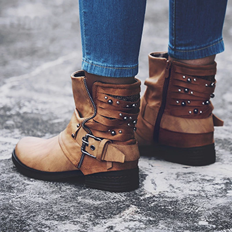 Rivet Leather Ladies Ankle Boots Winter Velvet Round Toe Short Plush Zip Buckle Western Boots ...