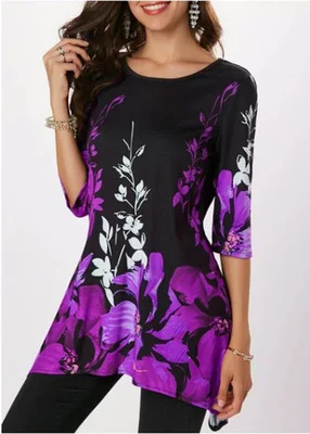 4XL повседневные летние женские рубашки, богемный цветочный принт, стрейчевая пляжная рубашка, туника, свободные длинные вечерние блузки синего цвета размера плюс, топы 5XL - Цвет: Purple