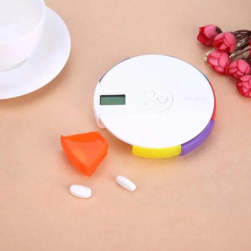 

High Quality Colorful Round 7 Grids Pill Box Case with LED Smart Timer Snooze Alarm Function Portable Box Case