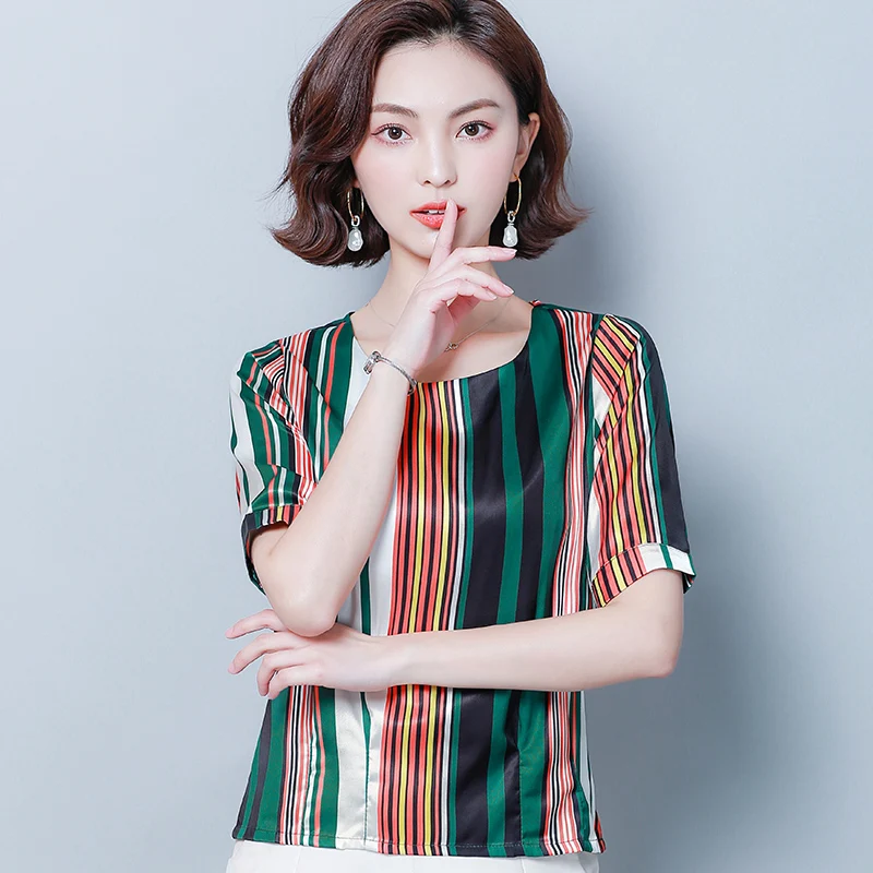 Korean Fashion Womens Tops and Blouses Silk Women Blouse Striped Women Short Sleeve Shirts Plus Size XXXL/4XL Ladies Tops - 33000153519