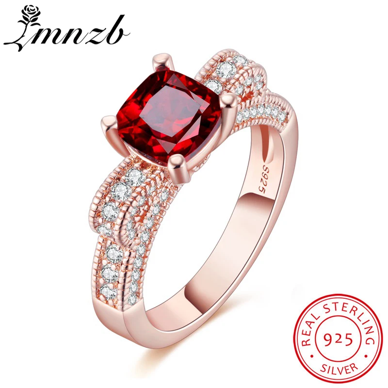 

LMNZB Princess Bow Ring 925 Sterling Silver Rose Gold Rings Natural Red Crystal Gem Stone Zircon Jewelry Rings For Women LQ-J114