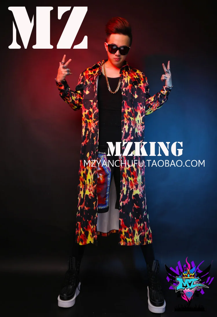 Новая мода Мужская Пламя длинная рубашка костюмы мужские певцы DJ звезда сцена пламя стрейч Длинные рубашки одежда! S-4XL