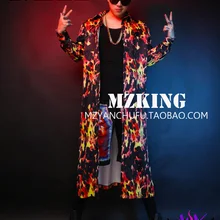 Новая мода Мужская Пламя длинная рубашка костюмы мужские певцы DJ звезда сцена пламя стрейч Длинные рубашки одежда! S-4XL