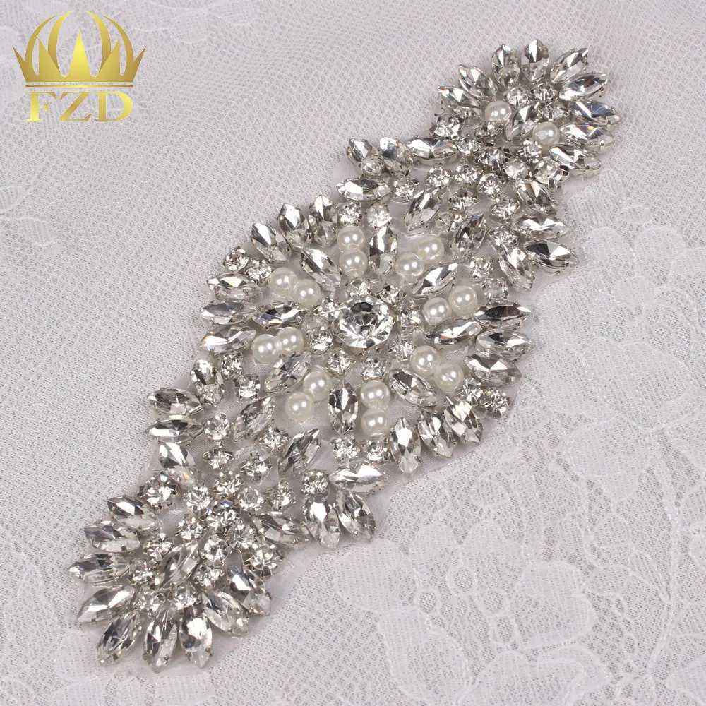 (1 piece) Wedding Belt Crystal Sew On Hotfix Rhinestones Sliver Stoned Appliques Patch For