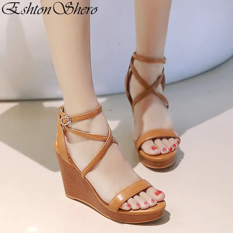 

EshtonShero Women Sandals Shoes Woman Wedge High Heels Round Toe Platform Cow Leather Ankle Strap Ladies Wedding Shoes Size 3-8
