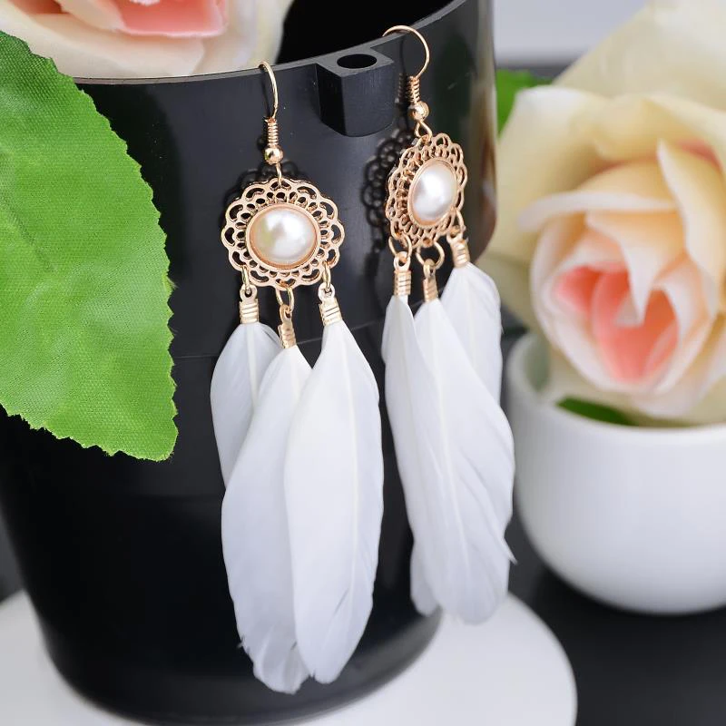 Bohemian 1Pair Imitation Pearl White Feather Drop Earrings For Elegant