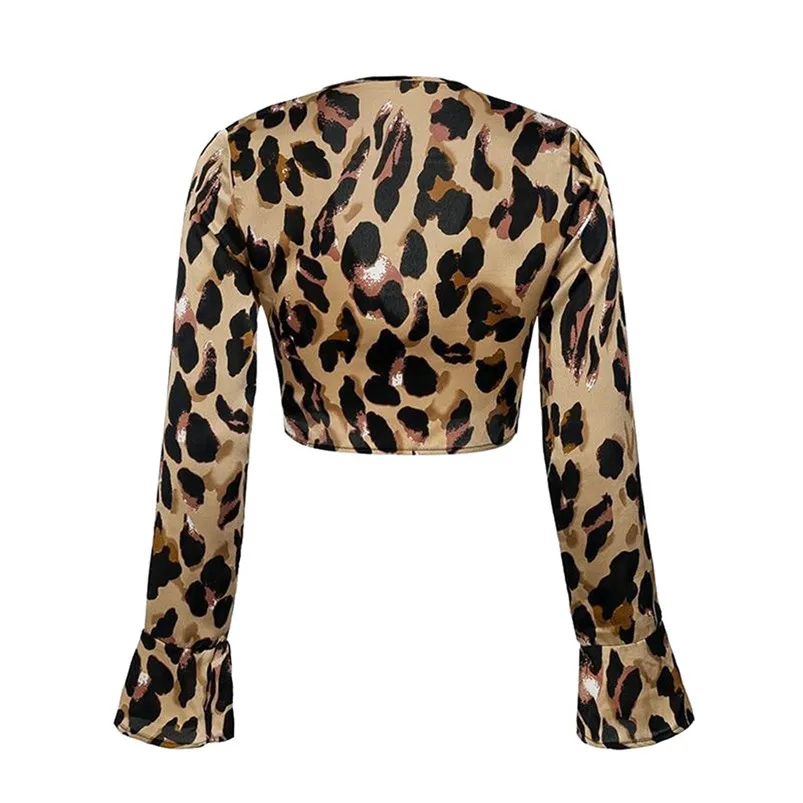 Sexy Fashion Women Long Sleeve Leopard Print Blouse V-Neck Chiffon Shirt Bandage Crop Tops Shirt For Ladies 40JA30 (3)
