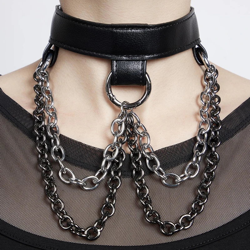 

Gothic Punk Chokers Collar Chain Leash Leather Choker Bondage Cosplay Goth Iron Chain Women Black Necklace Harajuku Accessories