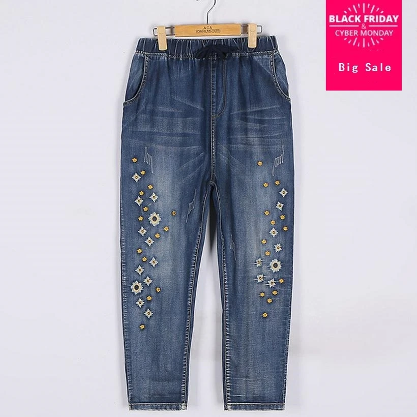 2XL-7XL Плюс Размер Новая мода вышивка цветочный узор хлопок джинсы женские широкие джинсы деним отбеленные джинсы wj741