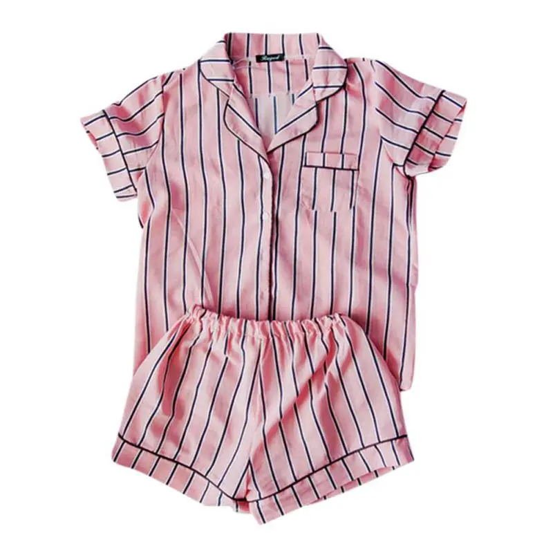 Summer Women Pajamas Turn-down Collar Sleepwear 3 Piece Set Shirt+Shorts Striped+Headdress Casual Pajama Set pijama de mujer