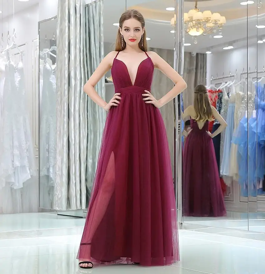 Burgundy Prom Dress New Arrival Simple Deep V Neck Tulle Long Evening