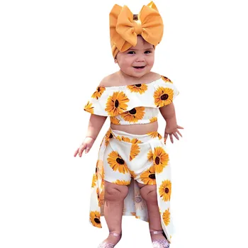 

2019 Summer New Style Toddler Baby Girls Off Shoulder Sunflower Print Tops+Skirt Pantskirt Outfits Set toddler kid clothes F1