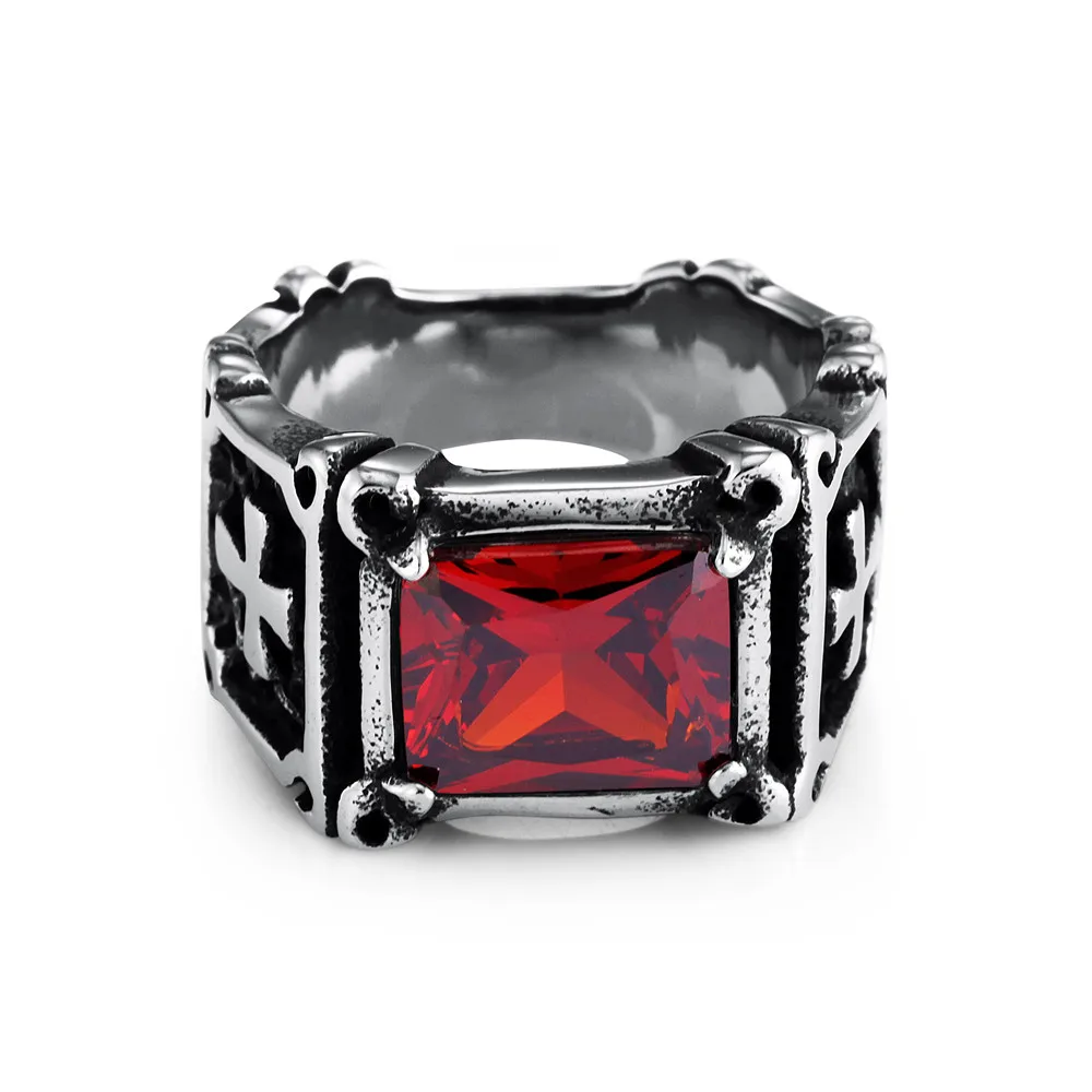Men's Knights Templar Rings Titanium steel Cross Red Gem Ring bijouterie