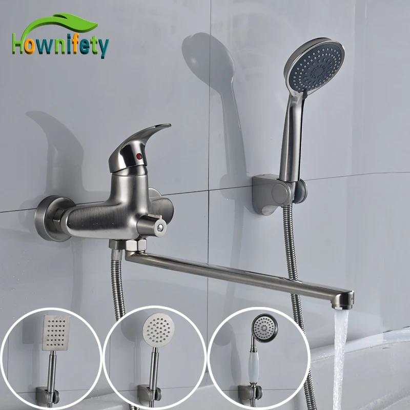 

Nickel Brushed Bathroom Tub Mixer Tap Single Handle Long Spout Tub Faucet with Hand Shower