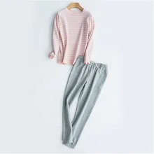 Осенняя Пижама наивысшего качества Женская Повседневная Пижама в полоску комплекты Дамский хлопковый пижамный комплект Женский o-образный вырез воротник футболка+ брюки