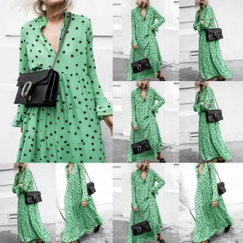 

Womens Casual Long Sleeve V Plunge Evening Party OversizedPolka Dot Dress Casual Hoiday Sweet Loose Green Vestido