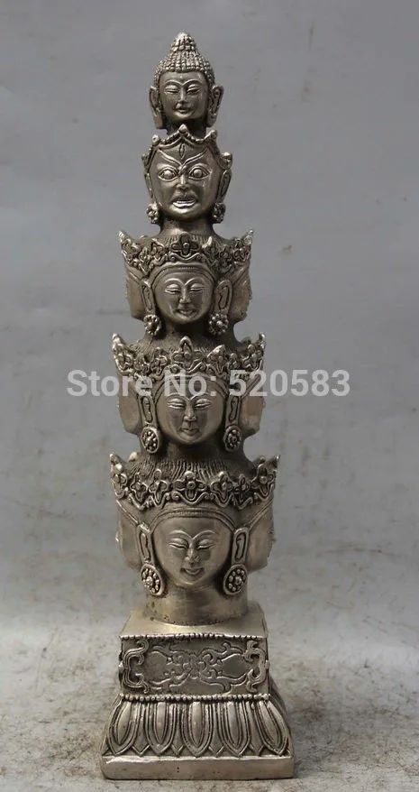 

free 10" Tibet Tibetan Buddhism Silver 11 Face Shakyamun Buddha Head Statue Sculpture fast