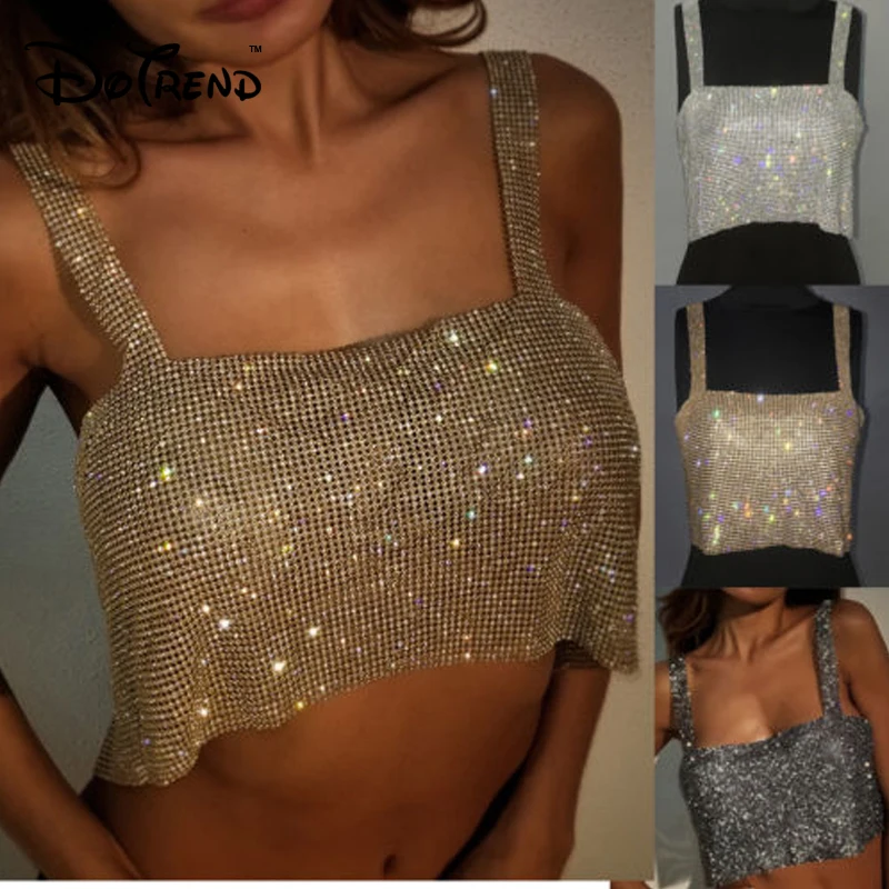 

Nightclub Women Ladies Fashion Tanks Camis Bling Sexy Sparkly Metal Crystal Rhinestone Metal Chainmail Halter Draped Crop Tops