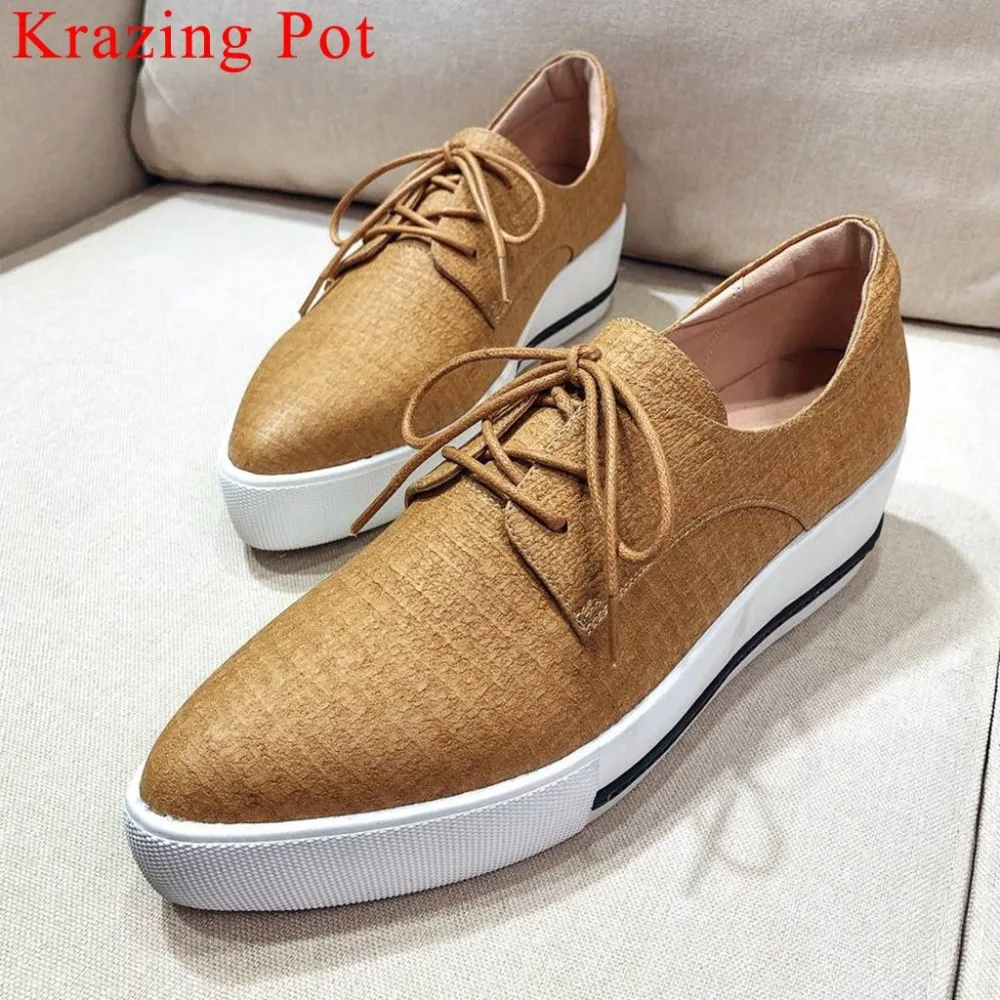 

Krazing Pot hot selling genuine leather lace up sneakers pointed toe flat platform thick bottom casual wear vulcanized shoes L12