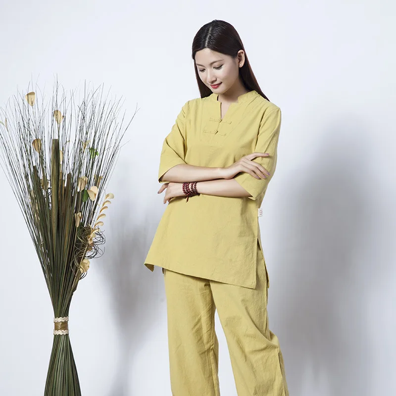Г. женские хлопковые и льняные yoga одежда однотонные свободные тай-чи одежда для женщин Традиционный китайский одежда для женщин - Цвет: Ginger yellow
