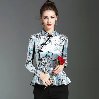 

Women's Vintage Qipao Button Under Shirts New 2017 Spring Autumn Ruffles Slim Patchwork Print Stand Collar Blouses Tops Female