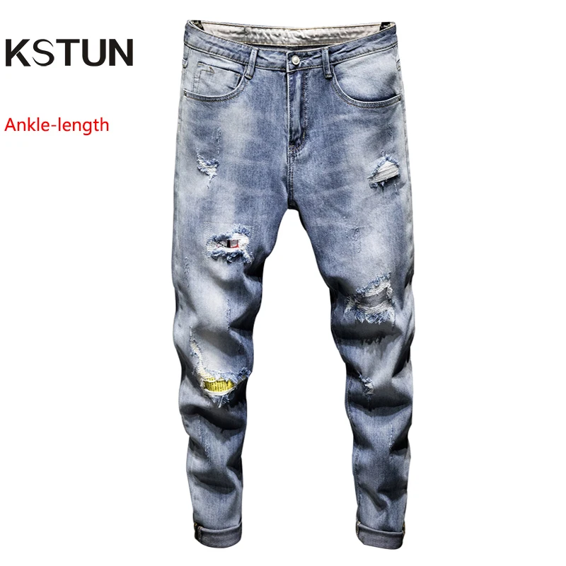 KSTUN Ripped Jeans Men Cropped Jeans Blue Stretch Tapered Distressed Patchwork Frayed Cowboys Denim Pants Casaul Hollow Out Jean KSTUN Ripped Jeans Men Cropped Jeans Blue Stretch Tapered Distressed Patchwork Frayed Cowboys Denim Pants Casaul Hollow Out Jean