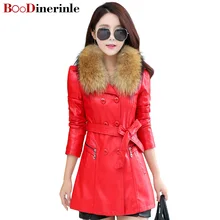 Натуральный мех енота воротник кожаные женские s овчины пальто плюс размер длинный плащ тонкая куртка для женщин L010