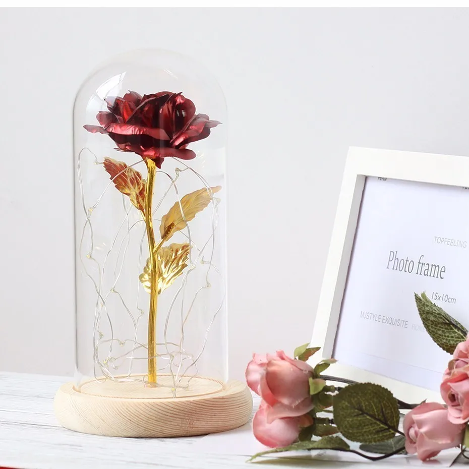 5 цветов Красота и чудовище красная роза в стеклянном куполе на деревянной основе для подарков Святого Валентина светодиодный лампы с розами Рождество