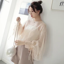 Стильные перспективные пикантные Фонари рукавом шифоновая рубашка+ камзол женский Для женщин Дамы Повседневное с длинным рукавом однотонный верх FS0724