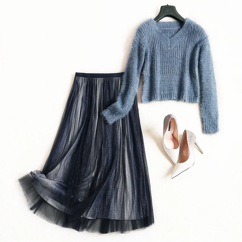 Maille Et Longues Ensemble À Femmes Nouvelles En Hiver C860 Gamme Tricot Automne Haut cou Costume pink Manches De 2018 Chandail Blue Mi Jupe Mode V aFwdqcZPxZ
