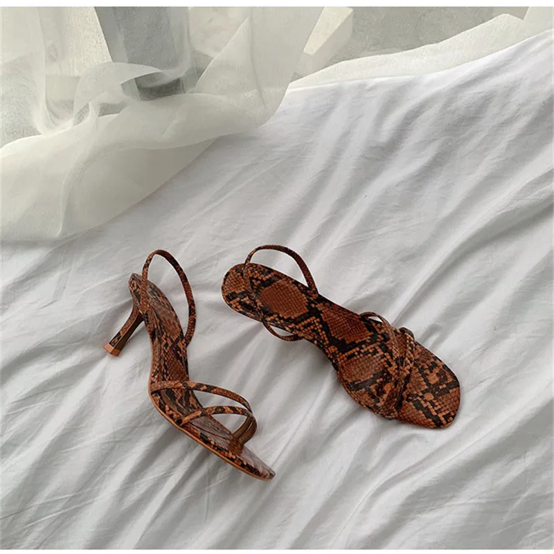 Hot sale Snakeskin high heel sandals women open toe thin heels woman shoes ankle back strap dress party sandals female summer
