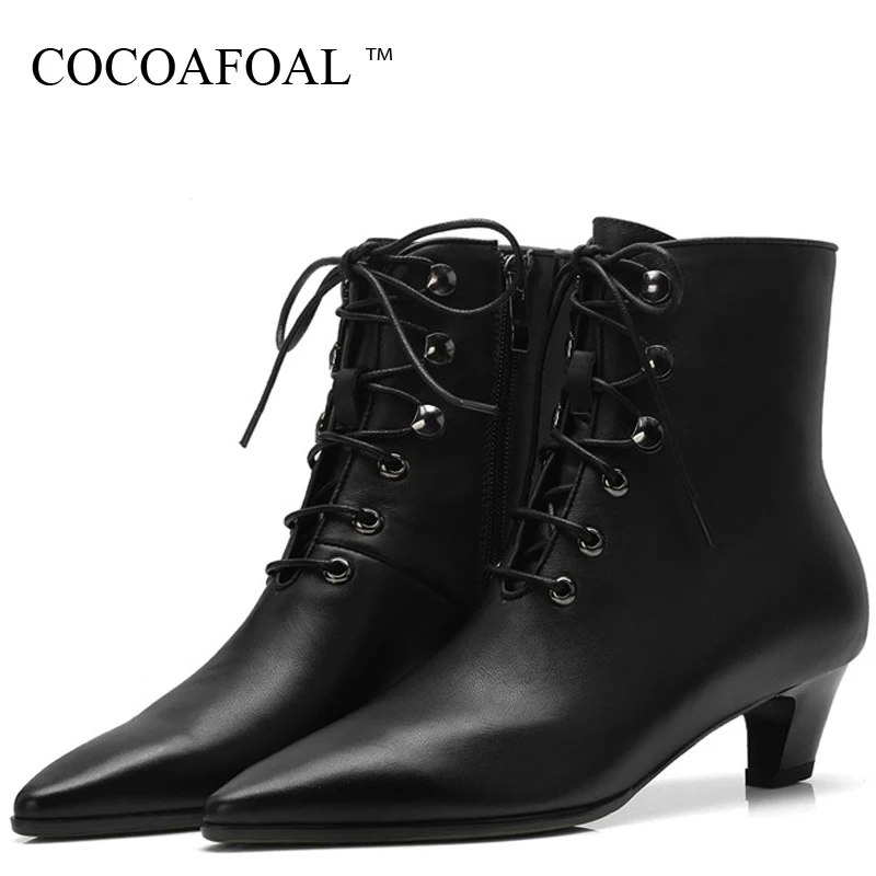 

COCOAFOAL Autumn Winter Women's Genuine Leather Martin Boots Woman Lace Up Shoes Ankle Boots Genuine Leather Chelsea Boots Black