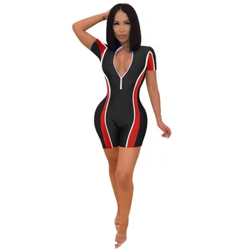 

2019 Women Playsuits V-Neck Short Sleeve Patchwork Bodysuit Summer Zipper Fly Print Skinny Outfits