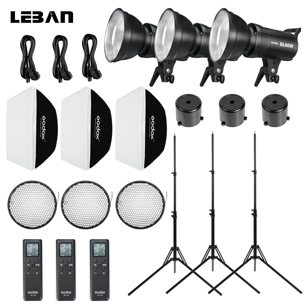 

Godox 3x SL-60W 60Ws 5600K White Version Studio LED Continuous Photo Video Light with 3x Light Stand + 3x Softbox LED Light Kit