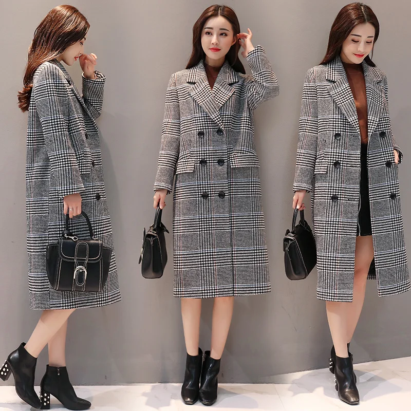 blanc Section D'hiver Col Longue Nouvelle Haute Qualité Automne Lâche Coupe De Coréenne Plaid Tailleur Rétro vent La Laine Femmes Version Et Rouge wP0O8nk