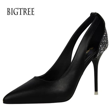 

Pumps 2019 European wind simple fine heel shallow Women's shoes spell color display thin nightclub sexy hollowed out single shoe