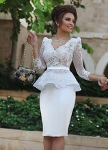 V-Neck Knee Length Long Sleeve Cocktail Dress Short Lace Peplum Party Dress