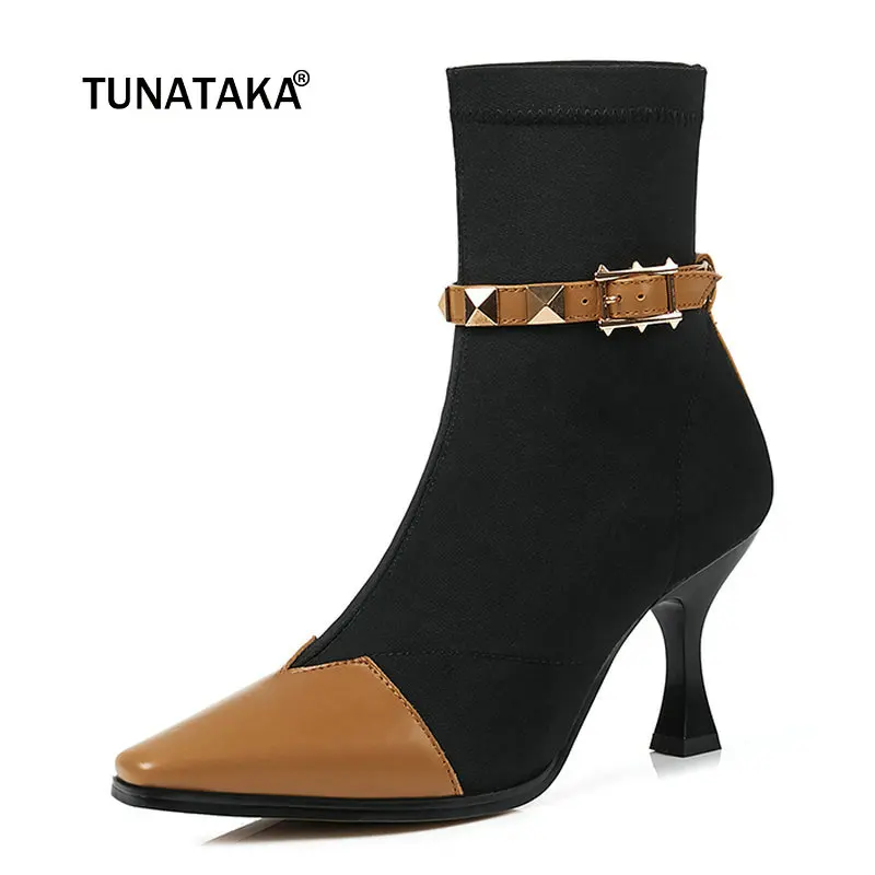 

Female Genuine Leather Thin High Heel Ankle Boots Fashion Rivet Buckle Square Toe Women Fall Winter Stretch Bootie Black Apricot