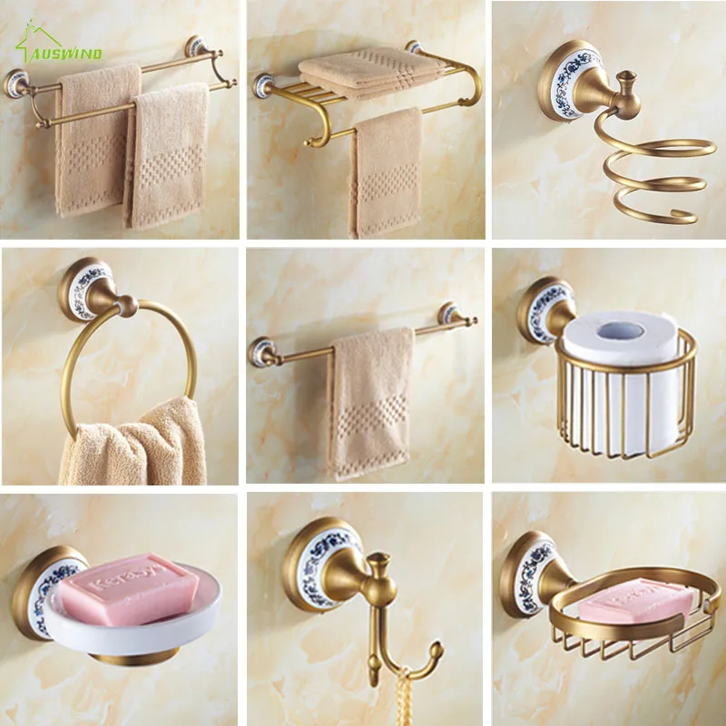 Europe Antique Brushed Brass Porcelain Base Bathroom Accessories Set